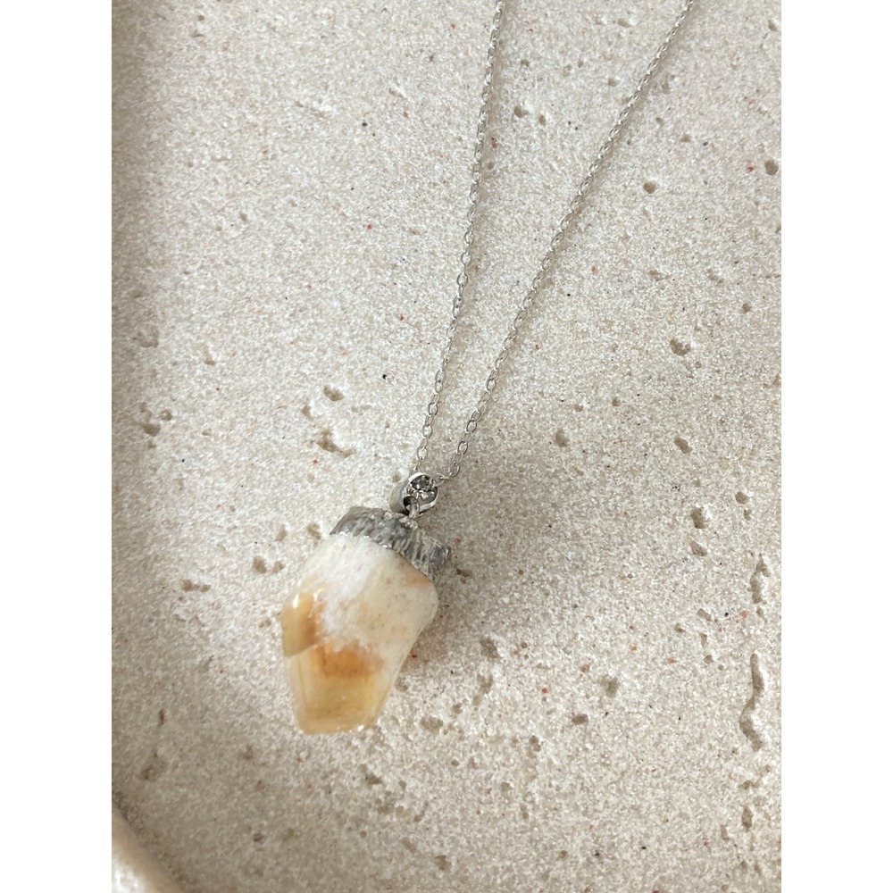 Natural Crystal Pendant Necklace Silver Tone Chain Boho Beachy Coastal Gypsy